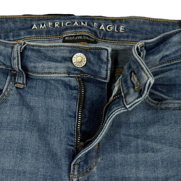 American Eagle SZ 4 SHORT Jeggings Jeans Stretch Low-Rise Zip-Fly Whiskered Blue - Picture 3 of 11